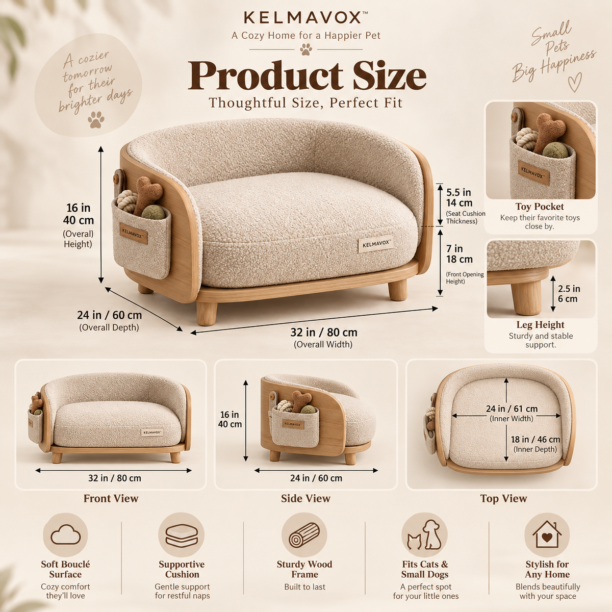 KELMAVOX™ CloudNest Pet Lounge – Elevated Bouclé Pet Sofa with Wooden Frame & Toy Storage