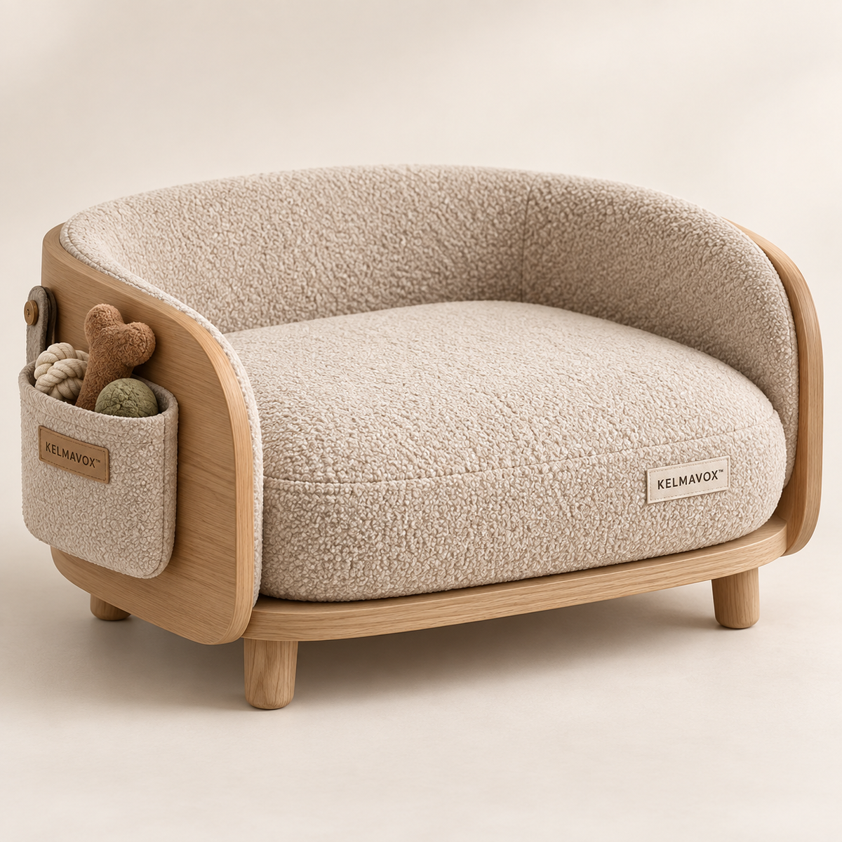 KELMAVOX™ CloudNest Pet Lounge – Elevated Bouclé Pet Sofa with Wooden Frame & Toy Storage