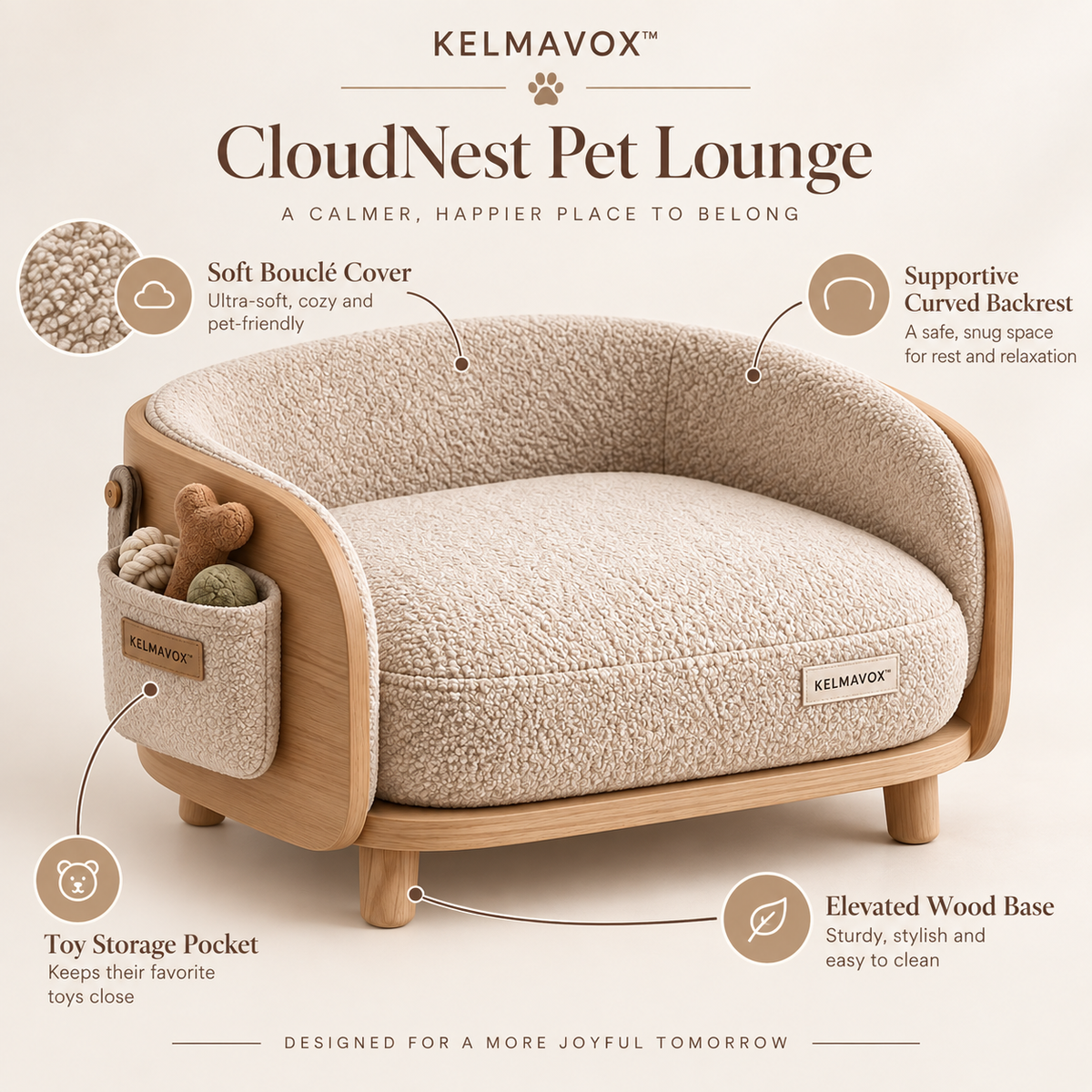 KELMAVOX™ CloudNest Pet Lounge – Elevated Bouclé Pet Sofa with Wooden Frame & Toy Storage
