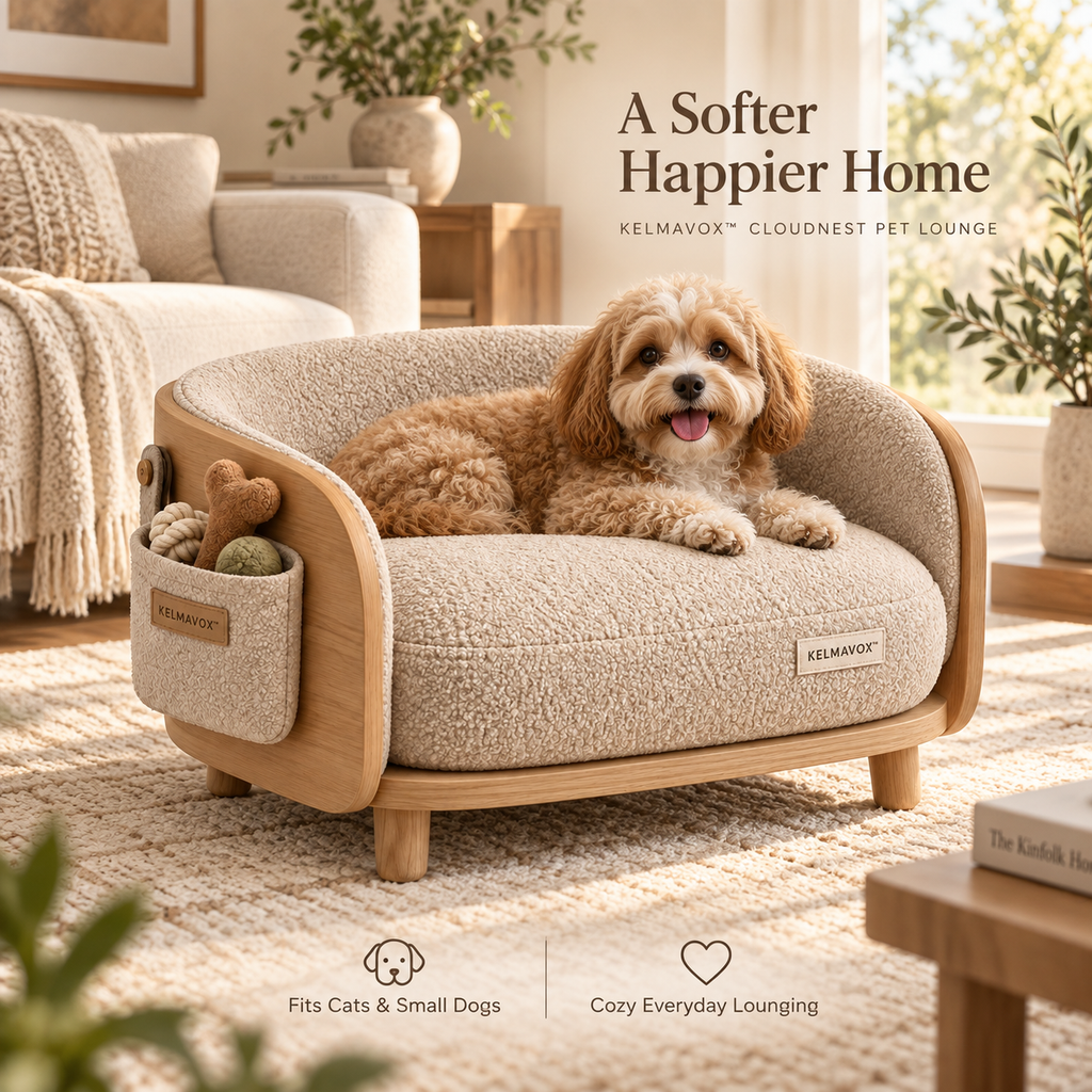 KELMAVOX™ CloudNest Pet Lounge – Elevated Bouclé Pet Sofa with Wooden Frame & Toy Storage