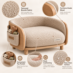 KELMAVOX™ CloudNest Pet Lounge – Elevated Bouclé Pet Sofa with Wooden Frame & Toy Storage