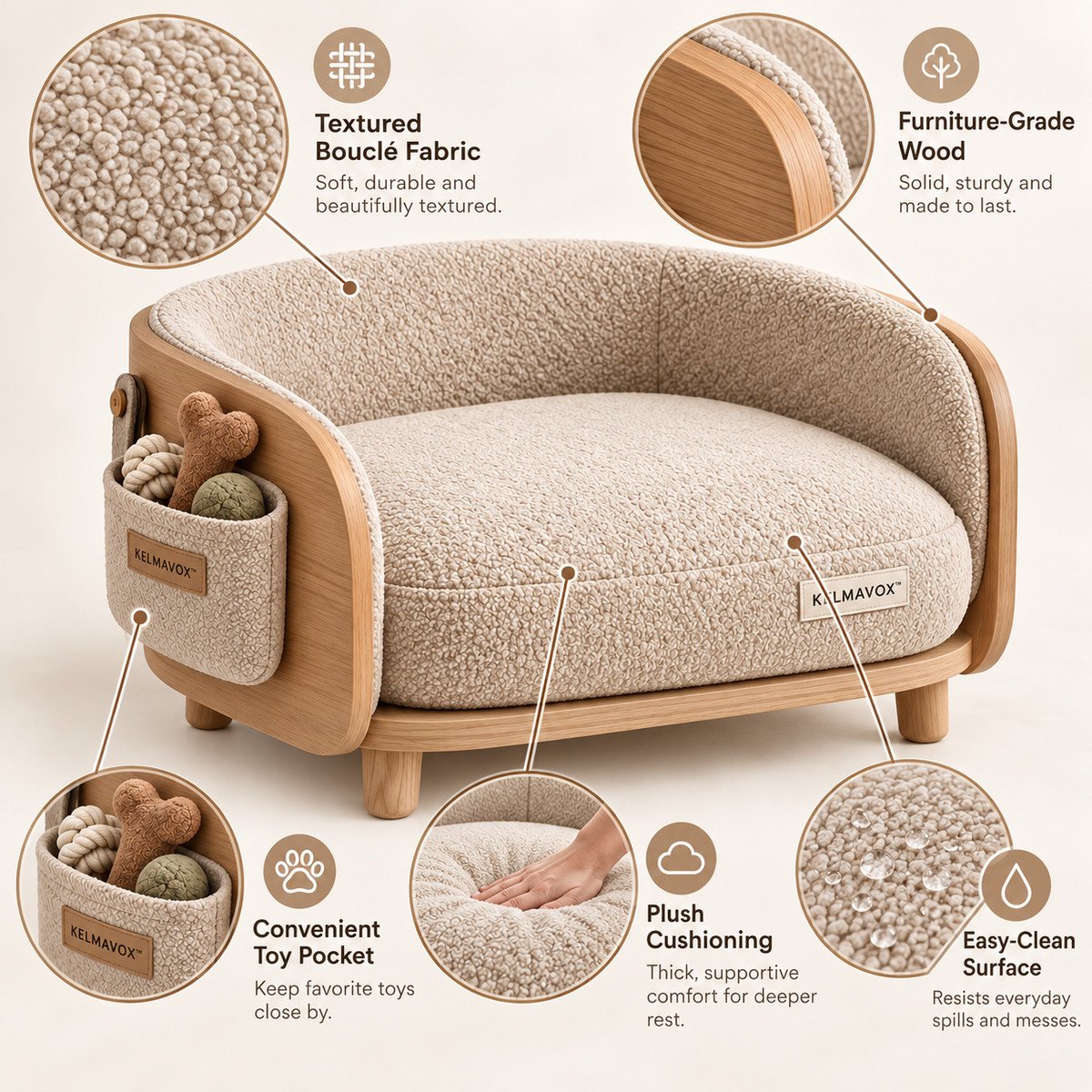 KELMAVOX™ CloudNest Pet Lounge – Elevated Bouclé Pet Sofa with Wooden Frame & Toy Storage