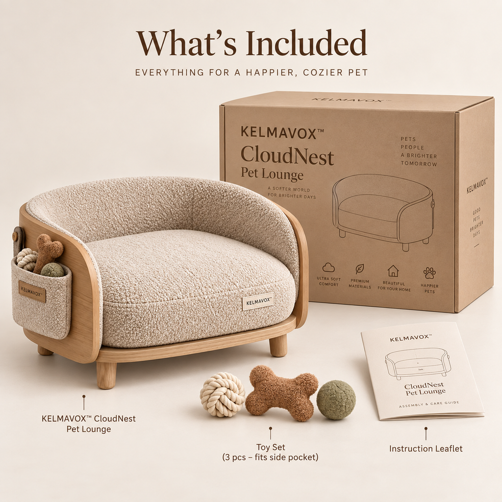 KELMAVOX™ CloudNest Pet Lounge – Elevated Bouclé Pet Sofa with Wooden Frame & Toy Storage