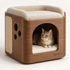 KELMAVOX™ NestNook Pet End Table – 2-in-1 Wooden Cat House with Bouclé Top Bed & Sisal Scratch Panel