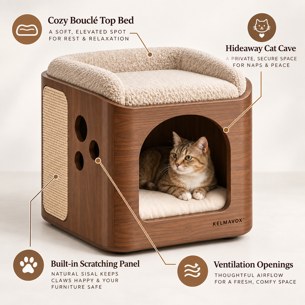 KELMAVOX™ NestNook Pet End Table – 2-in-1 Wooden Cat House with Bouclé Top Bed & Sisal Scratch Panel
