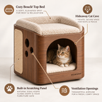 KELMAVOX™ NestNook Pet End Table – 2-in-1 Wooden Cat House with Bouclé Top Bed & Sisal Scratch Panel