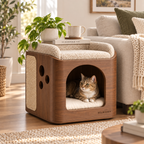 KELMAVOX™ NestNook Pet End Table – 2-in-1 Wooden Cat House with Bouclé Top Bed & Sisal Scratch Panel