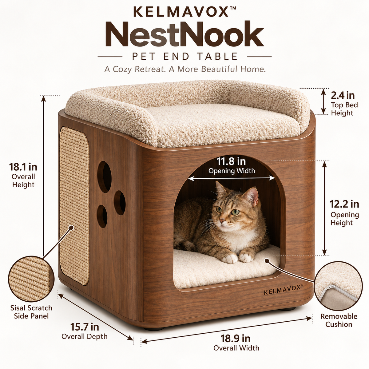 KELMAVOX™ NestNook Pet End Table – 2-in-1 Wooden Cat House with Bouclé Top Bed & Sisal Scratch Panel