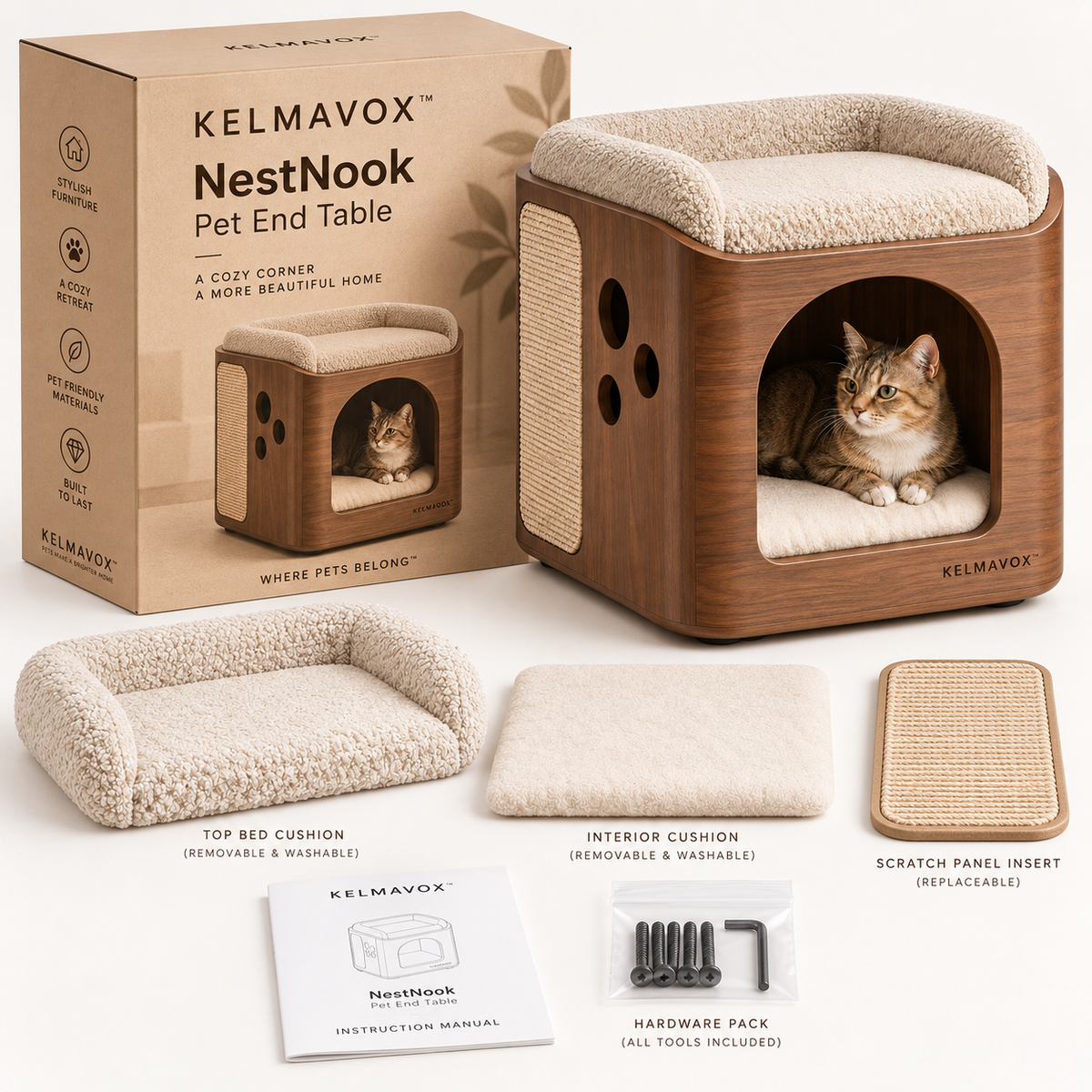 KELMAVOX™ NestNook Pet End Table – 2-in-1 Wooden Cat House with Bouclé Top Bed & Sisal Scratch Panel