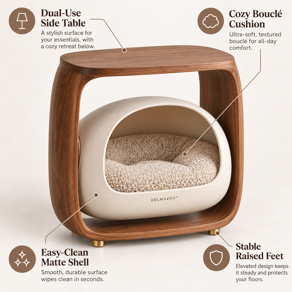 KELMAVOX™ HavenArc Pet Side Table Lounge  Modern 2-in-1 Pet Bed & Side Table for Cats and Small Dogs