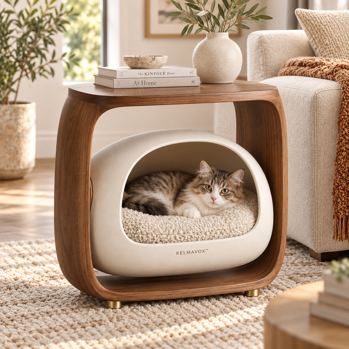 KELMAVOX™ HavenArc Pet Side Table Lounge  Modern 2-in-1 Pet Bed & Side Table for Cats and Small Dogs