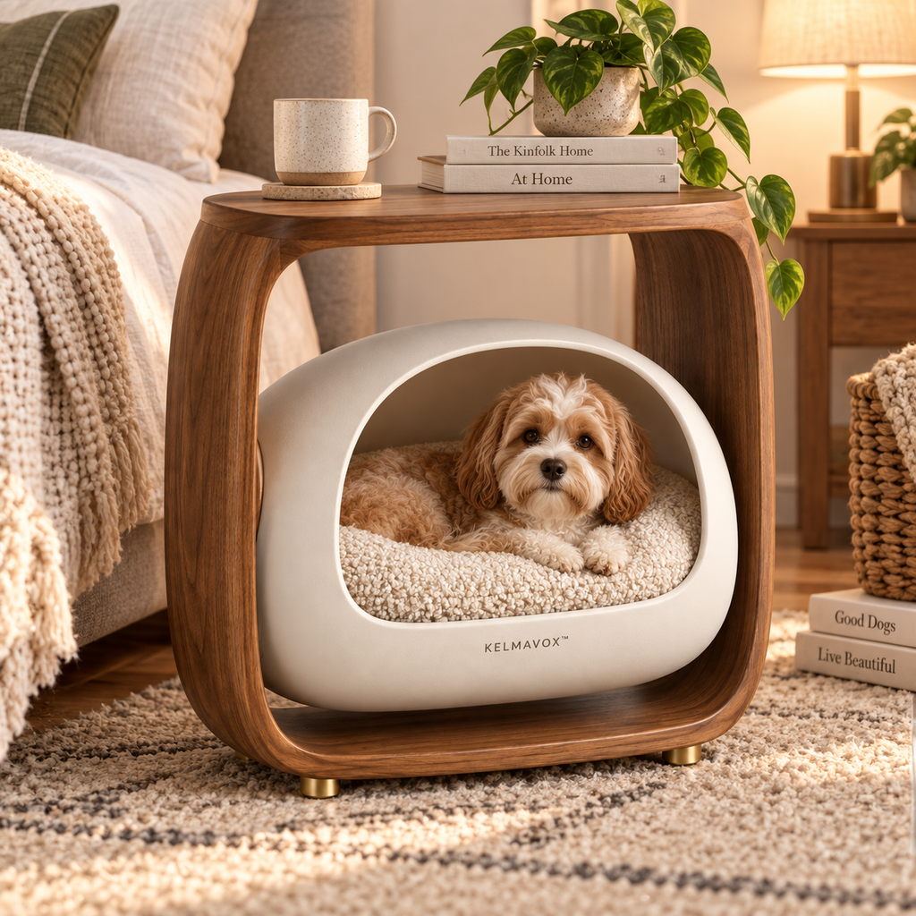 KELMAVOX™ HavenArc Pet Side Table Lounge  Modern 2-in-1 Pet Bed & Side Table for Cats and Small Dogs