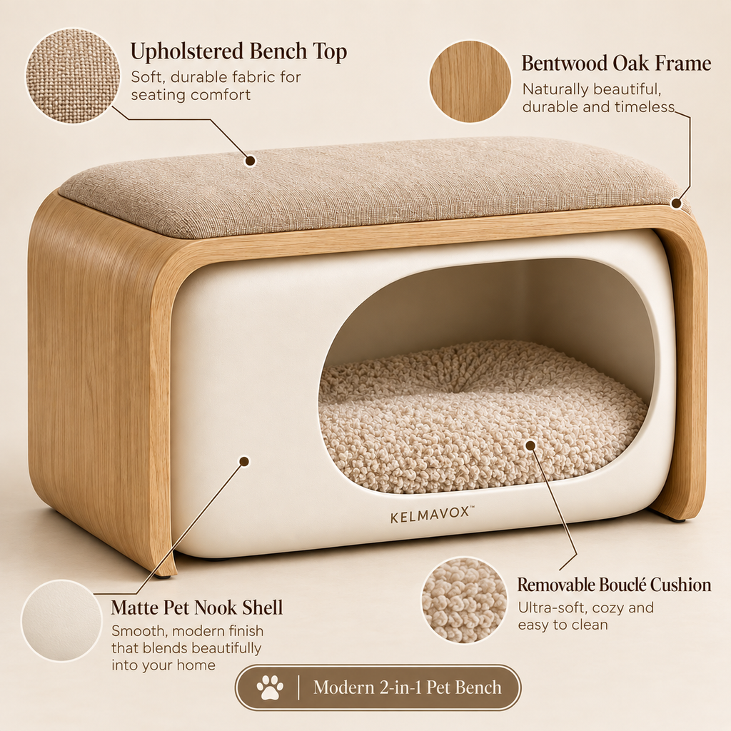 KELMAVOX™ HavenBench Pet Nook  Modern 2-in-1 Upholstered Pet Bench & Cozy Hideaway for Cats and Small Dogs