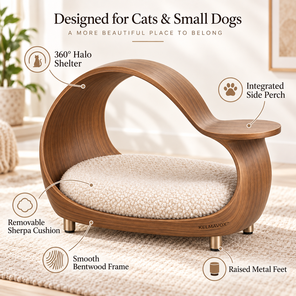 KELMAVOX™ HaloHaven Pet Lounger  Modern Bentwood Pet Lounge with Integrated Side Perch