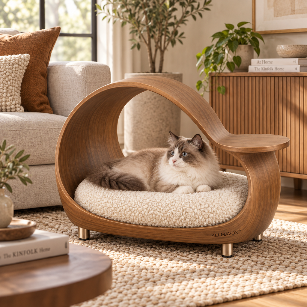 KELMAVOX™ HaloHaven Pet Lounger  Modern Bentwood Pet Lounge with Integrated Side Perch