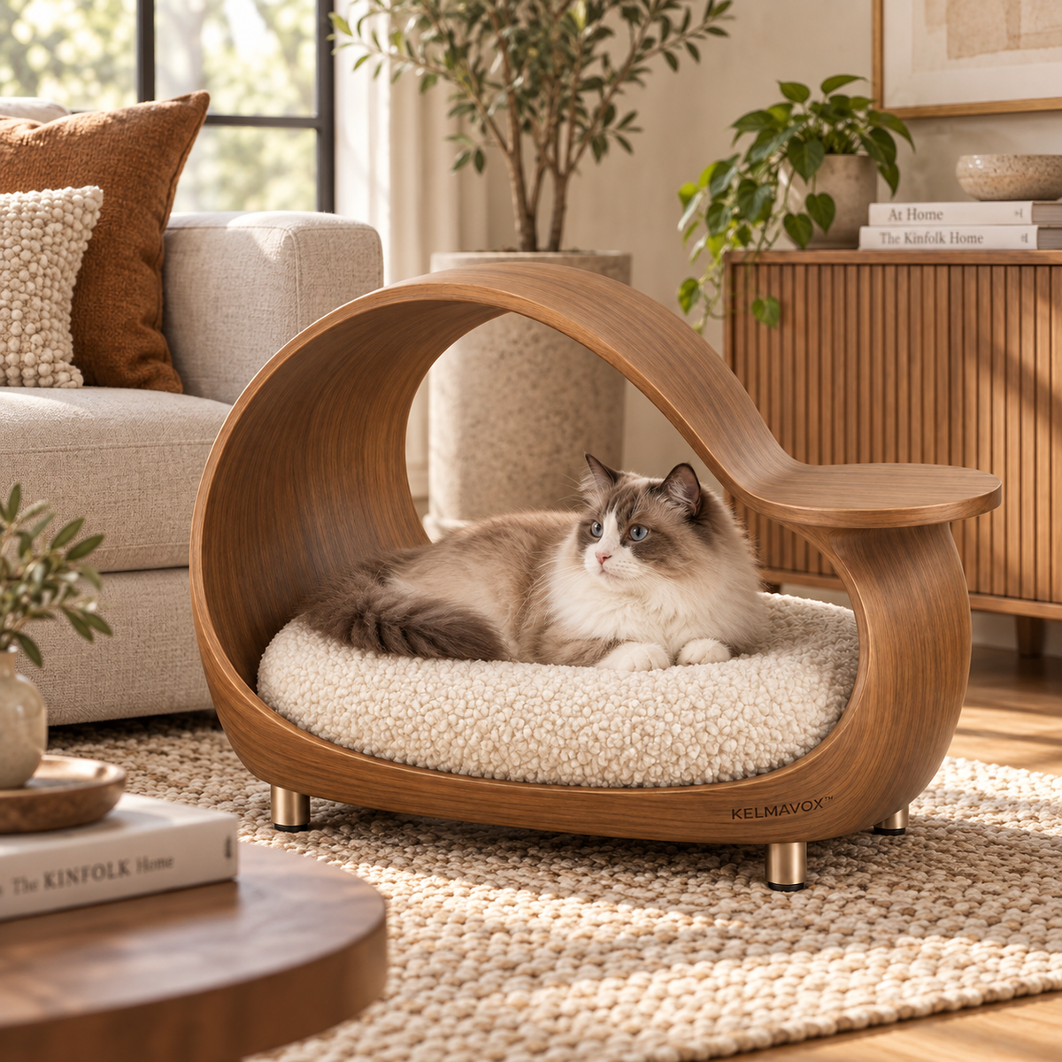 KELMAVOX™ HaloHaven Pet Lounger  Modern Bentwood Pet Lounge with Integrated Side Perch