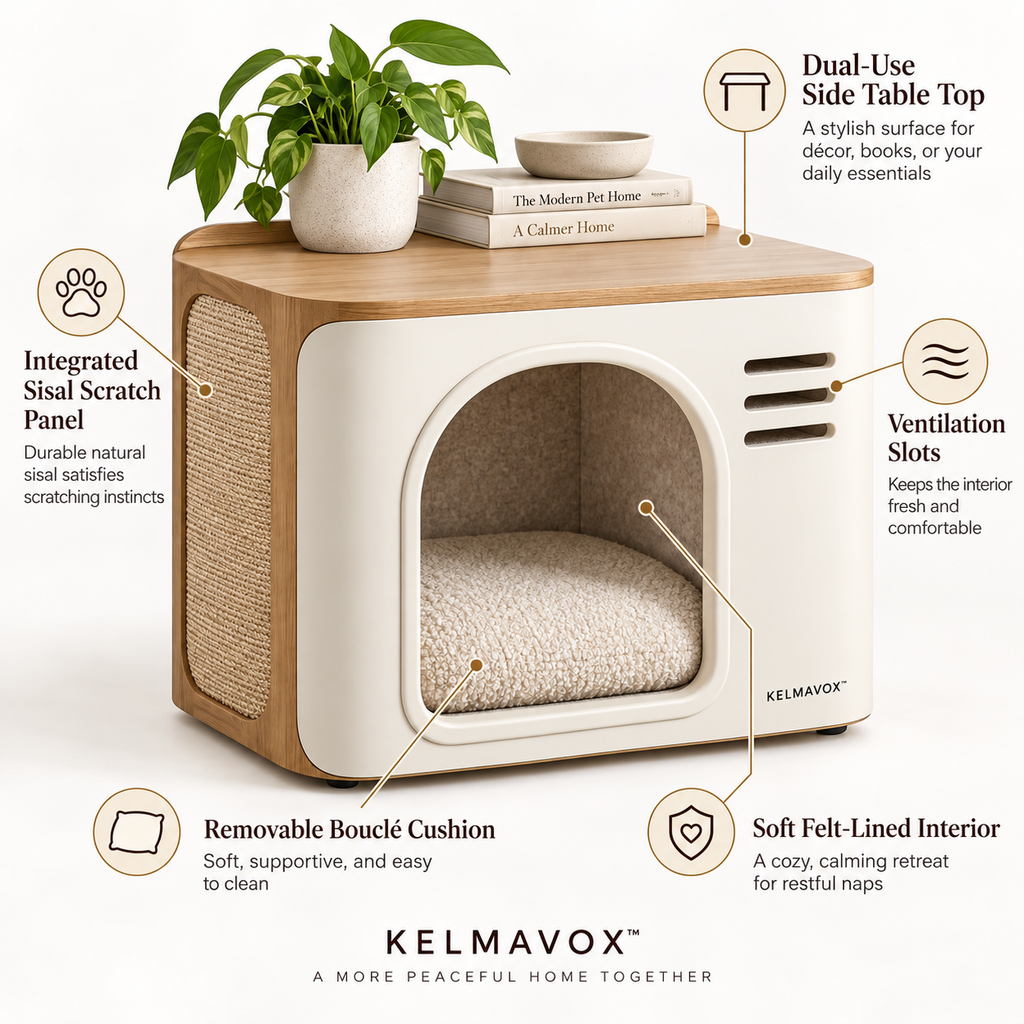 KELMAVOX™ HearthHalo Pet Nook Table  Modern 2-in-1 Pet Hideaway & Side Table with Sisal Scratch Panel