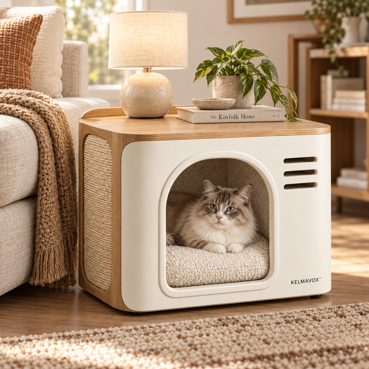 KELMAVOX™ HearthHalo Pet Nook Table  Modern 2-in-1 Pet Hideaway & Side Table with Sisal Scratch Panel