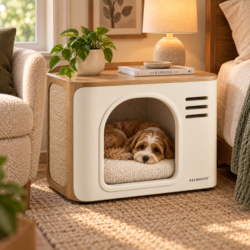 KELMAVOX™ HearthHalo Pet Nook Table  Modern 2-in-1 Pet Hideaway & Side Table with Sisal Scratch Panel