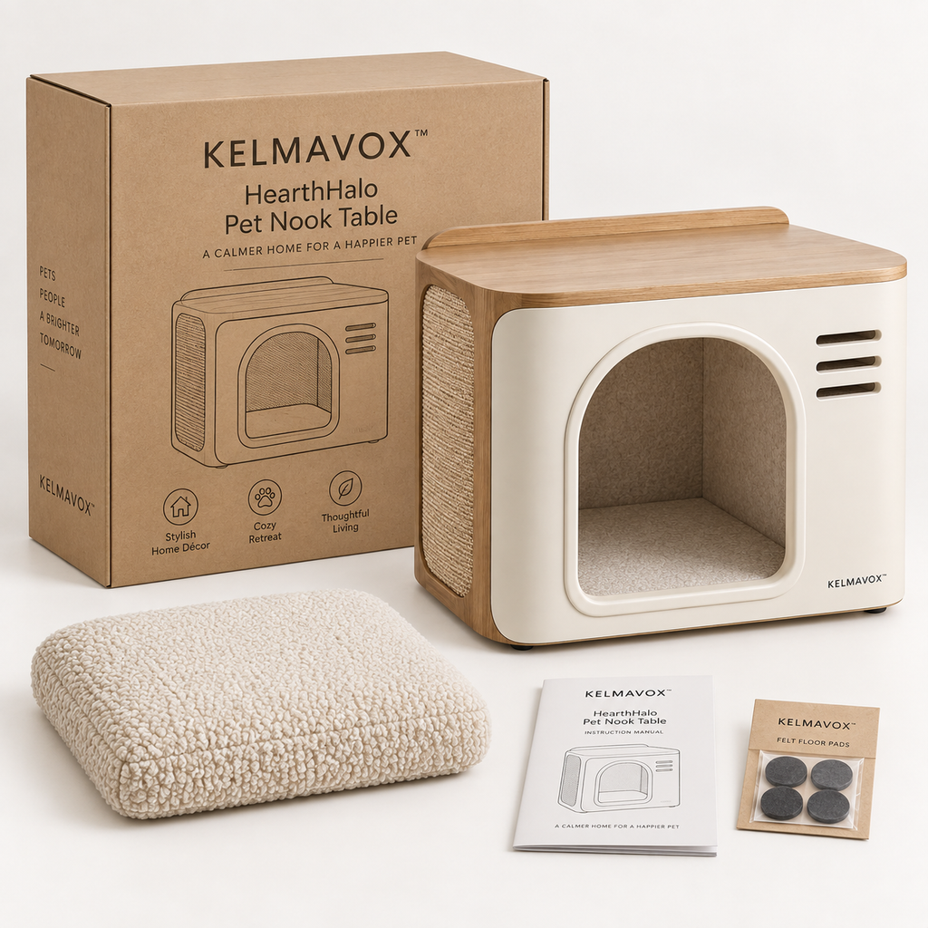 KELMAVOX™ HearthHalo Pet Nook Table  Modern 2-in-1 Pet Hideaway & Side Table with Sisal Scratch Panel