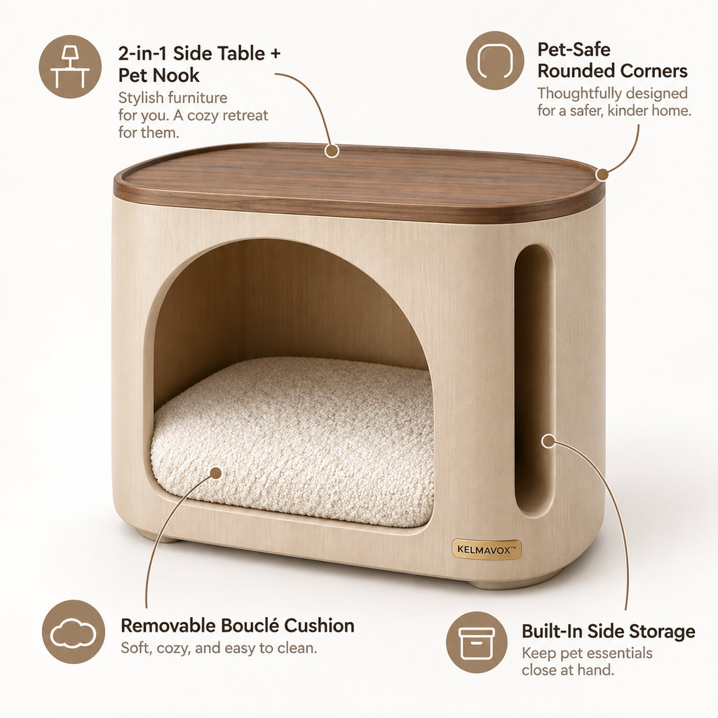 KELMAVOX™ HavenArc Pet Nook – 2-in-1 Pet Hideaway Side Table
