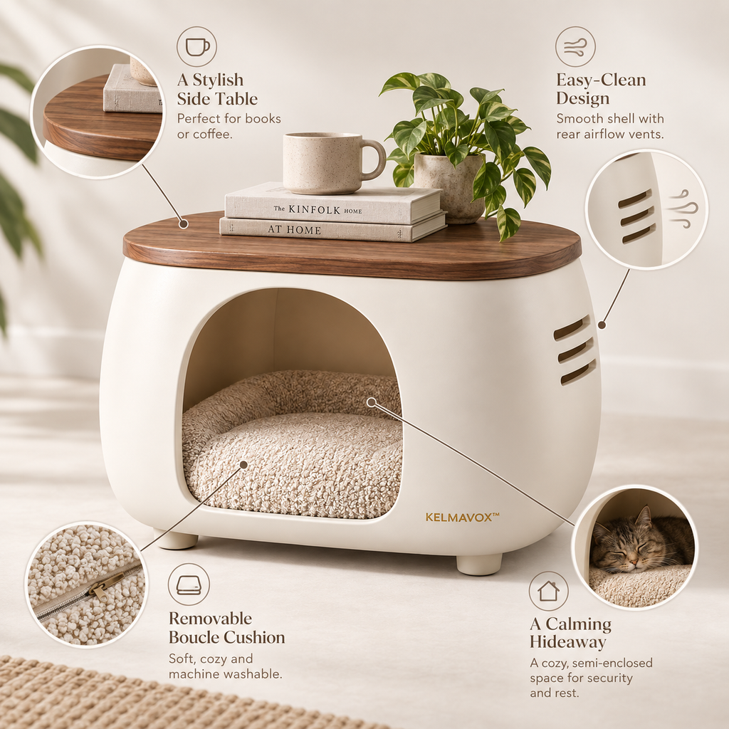 KELMAVOX™ HaloHaven Pet Side Table  2-in-1 Modern Pet Hideaway & Side Table for Cats and Small Dogs