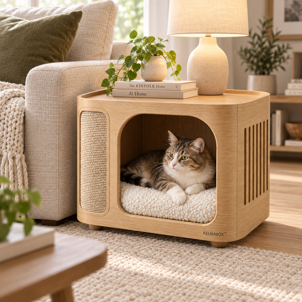 KELMAVOX™ NestArc Lounge Table  Modern 2-in-1 Pet Hideaway & Side Table with Sisal Scratch Panel