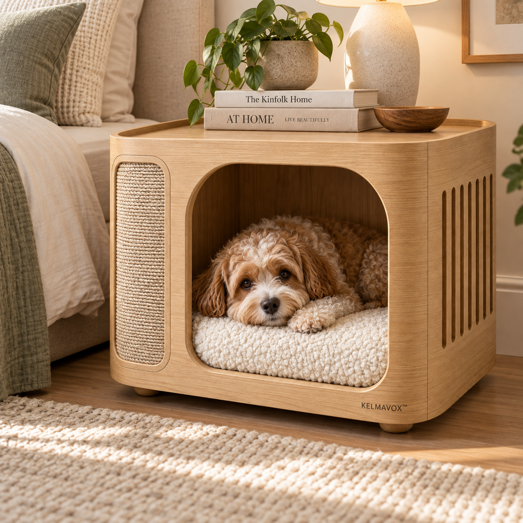 KELMAVOX™ NestArc Lounge Table  Modern 2-in-1 Pet Hideaway & Side Table with Sisal Scratch Panel